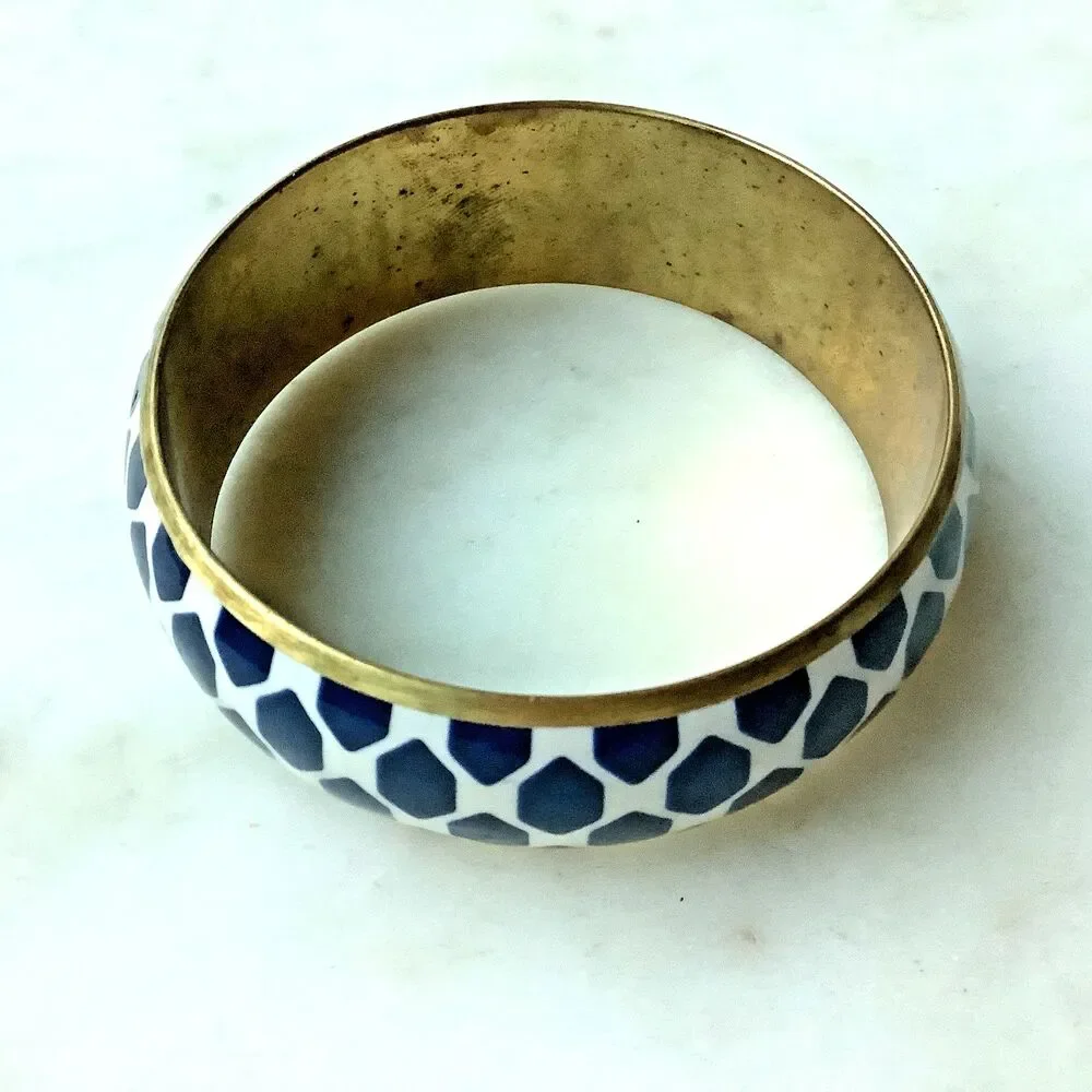Vintage Enamel Bangle Brass Blue White Wide Bracelet Bohemian Jewelry MCM